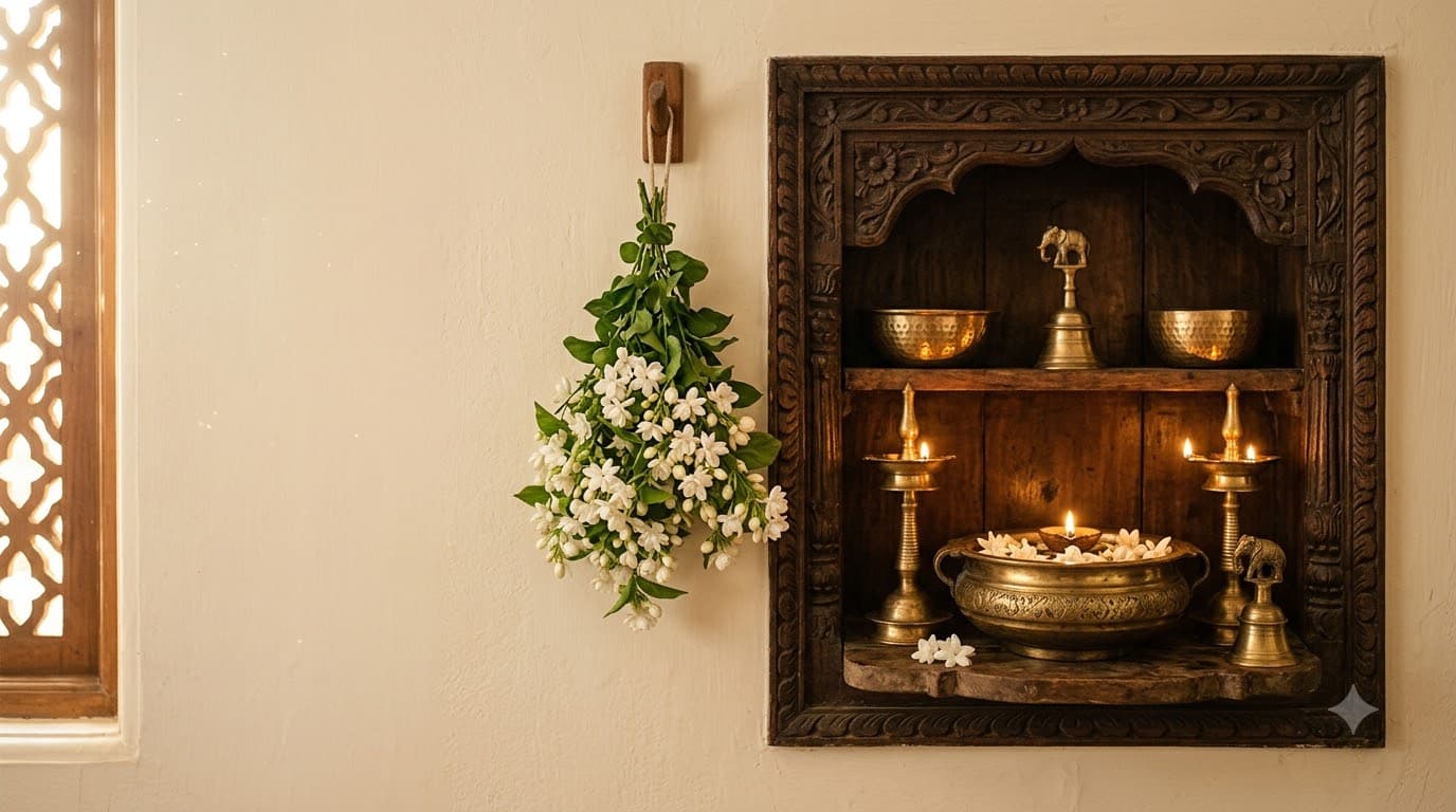 Carved teak niche holding brass pieces