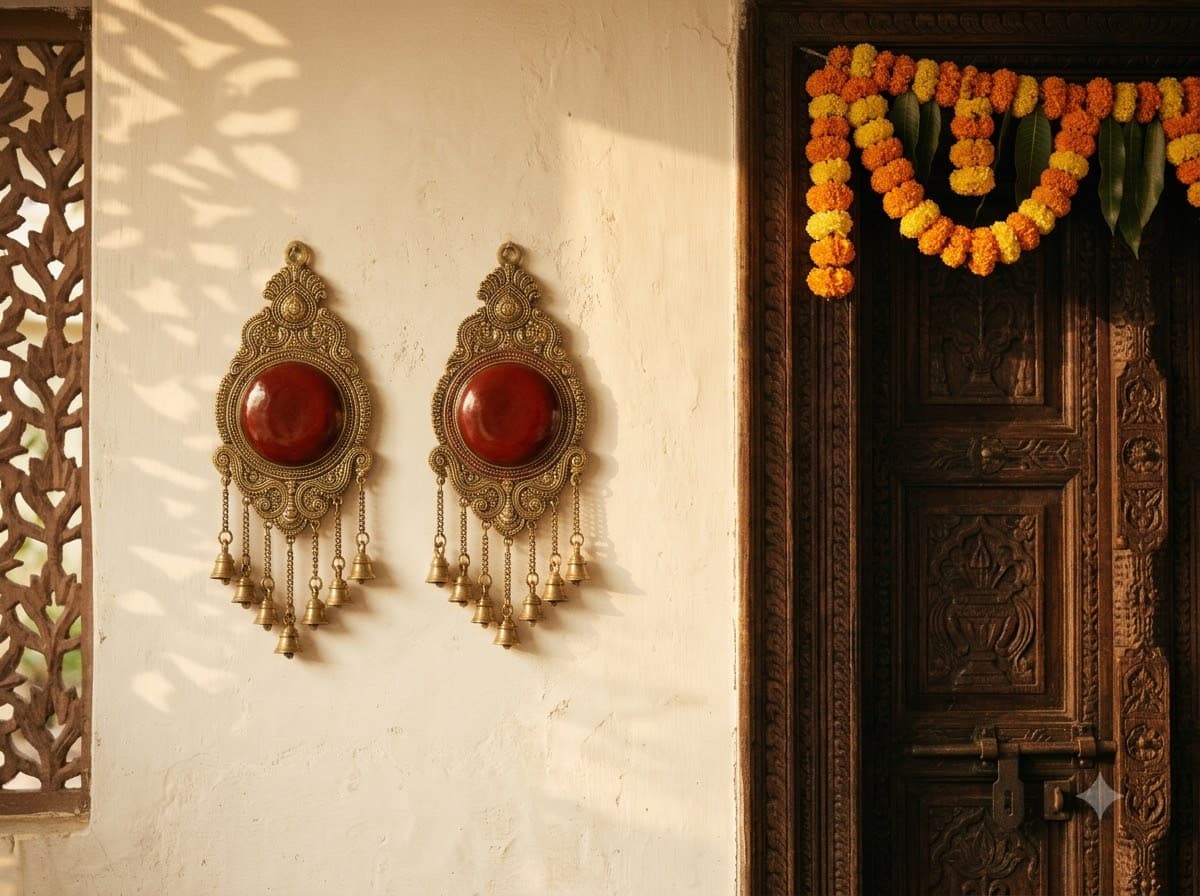 Brass wall hangings with marigold toran